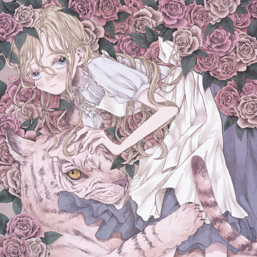 1girl blue_eyes blush colored_sclera dress feet_out_of_frame flower highres leaf looking_at_viewer momo_walnut original pink_flower pink_rose rose short_sleeves solo tiger white_dress white_tiger yellow_sclera