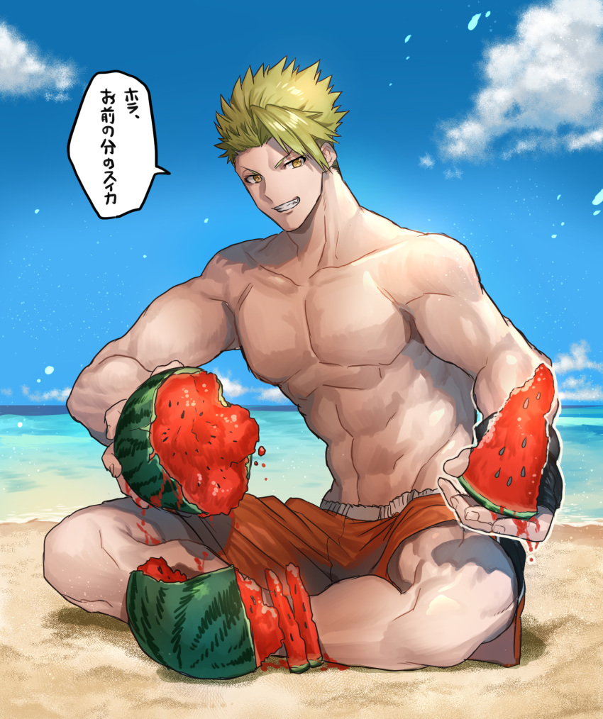 1boy achilles_(fate) bangs beach fate/apocrypha fate_(series) food fruit green_hair grin highres indian_style male_focus male_swimwear none_(kameko227) sitting sky smile solo swim_trunks translated watermelon watermelon_slice yellow_eyes