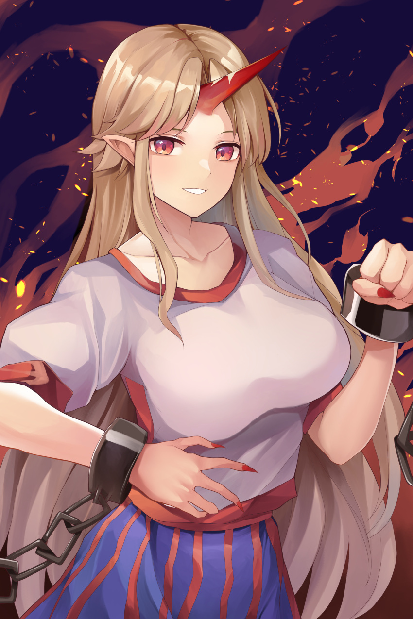 1girl absurdres bangs blonde_hair blue_background blue_skirt breasts chain hand_on_hip hand_up highres horns hoshiguma_yuugi koizumo large_breasts long_hair looking_at_viewer red_eyes red_nails shirt single_horn skirt smile solo t-shirt teeth touhou very_long_hair white_shirt