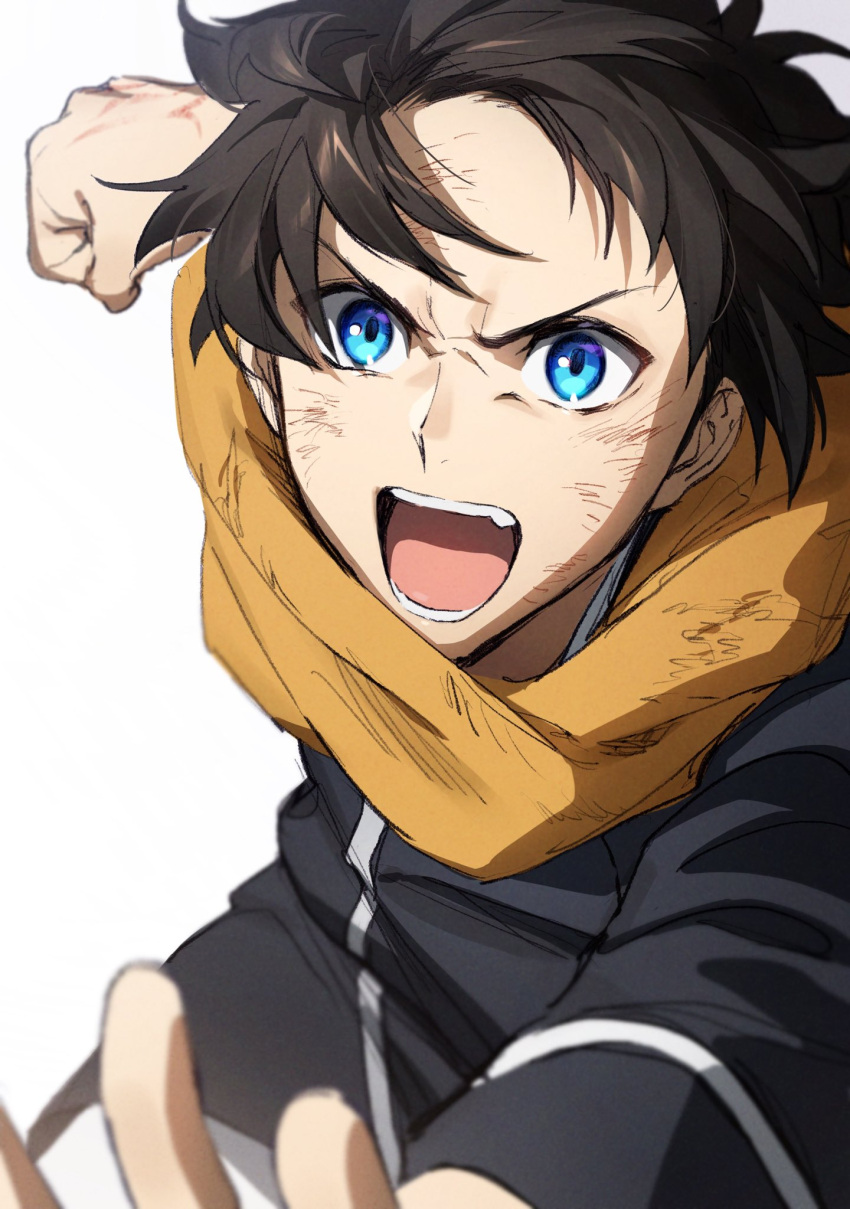 1boy black_hair blue_eyes command_spell dirty fate/grand_order fate_(series) fujimaru_ritsuka_(male) highres mosako orange_scarf scarf shouting solo true_ether_chaldea_uniform