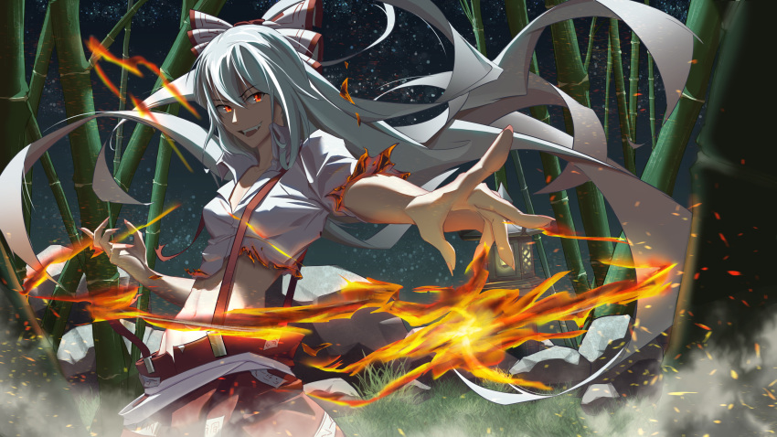 1girl absurdres bamboo bamboo_forest bangs bow burning burning_clothes chinese_commentary commentary commentary_request embers fingernails fire forest fujiwara_no_mokou grass hair_bow hair_ribbon highres hime_cut lantern long_hair nature night night_sky ofuda ofuda_on_clothes open_mouth pants pyrokinesis red_eyes red_pants ribbon rock sanyue_ye_(245457767) shirt sidelocks silver_hair sky solo star_(sky) suspenders symbol_commentary touhou very_long_hair white_hair white_shirt