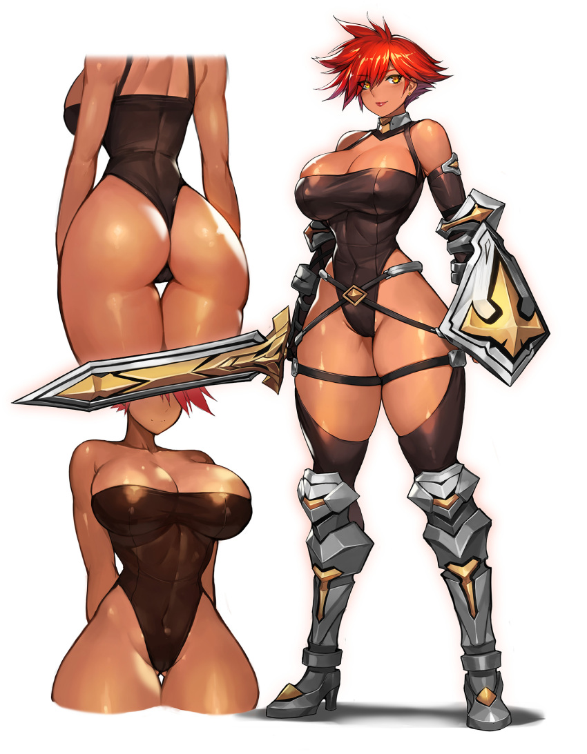 1girl armored_boots ass belt belt_buckle boots buckle dark_skin gauntlets gold gurimjang highres leotard original redhead shield smile solo sword thigh-highs warrior weapon white_background yellow_eyes