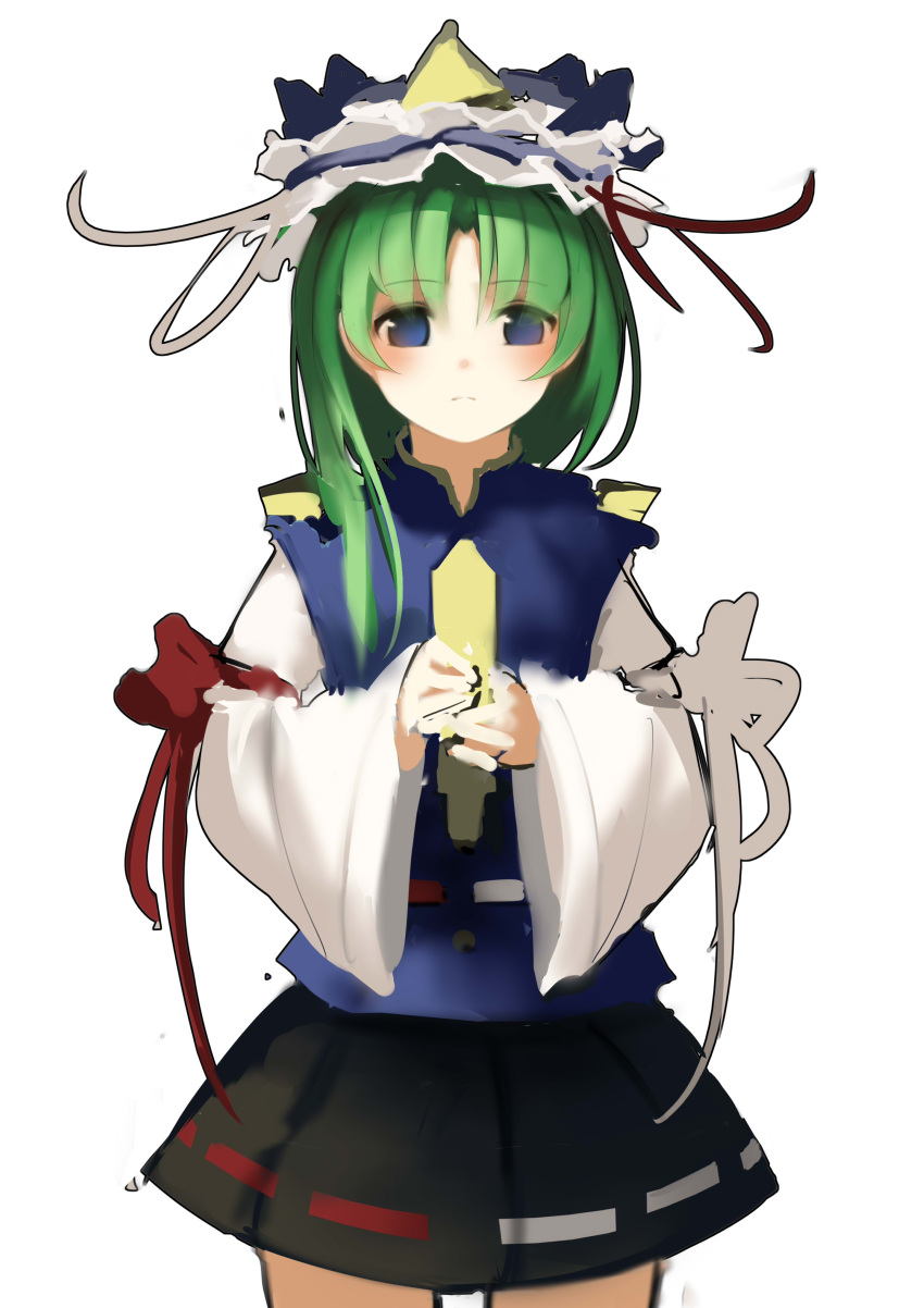 1girl absurdres asymmetrical_hair bad_hands black_skirt blue_eyes blue_vest cowboy_shot expressionless green_hair hat highres holding_rod long_hair looking_at_viewer rod_of_remorse sancking_(fatekl) shiki_eiki simple_background skirt solo touhou vest white_background wide_sleeves