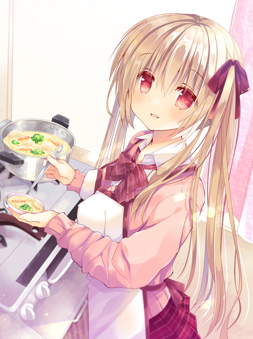 1girl apron bangs blonde_hair blush bow bowtie cardigan collared_shirt commentary_request cooking eyebrows_visible_through_hair food hair_between_eyes hair_ribbon hashimo_yuki highres holding indoors long_hair looking_at_viewer original parted_lips patterned_clothing pink_cardigan pink_skirt pot red_eyes red_ribbon ribbon shirt skirt smile solo soup standing twintails white_shirt