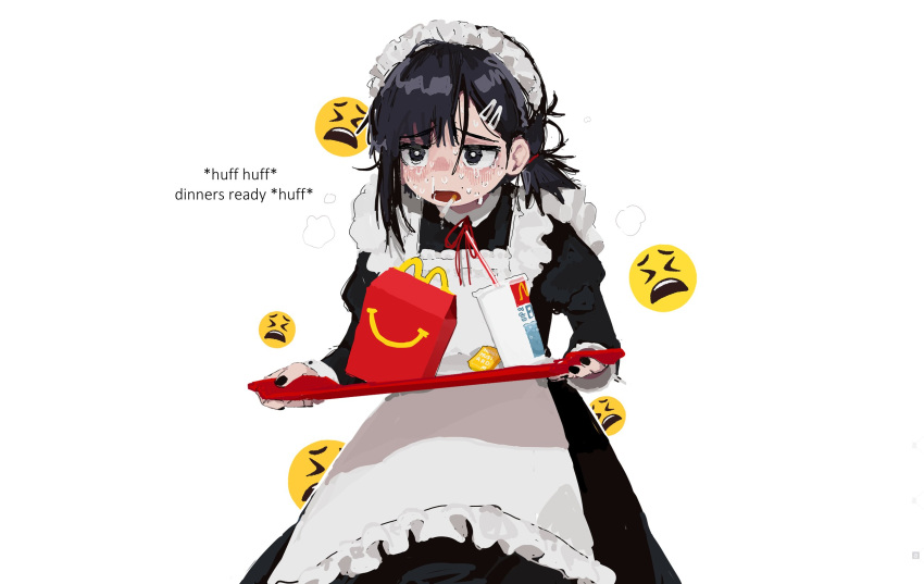 1girl alternate_costume apron black_hair black_nails blush chainsaw_man cigarette commentary crying crying_with_eyes_open cup drinking_straw english_commentary english_text enmaided eyebrows_visible_through_hair hair_ornament hairclip happy_meal heavy_breathing higashiyama_kobeni highres holding holding_tray maid maid_apron maid_headdress mcdonald's messy_hair milllka_100 nail_polish nervous open_mouth simple_background smoking solo sweat sweating_profusely tears tray white_background