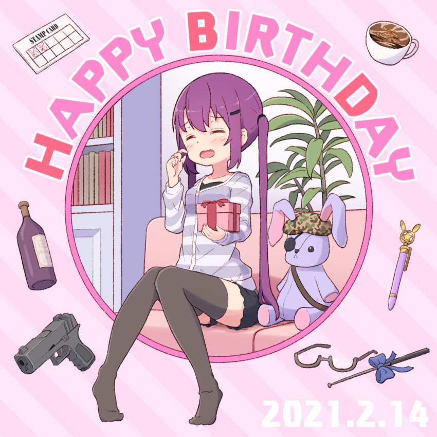 arm_up black_legwear bookshelf box closed_eyes coffee coffee_mug collarbone cup gift gift_box glasses gochuumon_wa_usagi_desu_ka? gun handgun happy_birthday highres holding holding_gift horizontal_stripes indoors long_sleeves mohei mug no_shoes open_mouth plant potted_plant purple_hair shirt sitting striped striped_shirt stuffed_animal stuffed_toy tedeza_rize thigh-highs weapon zettai_ryouiki