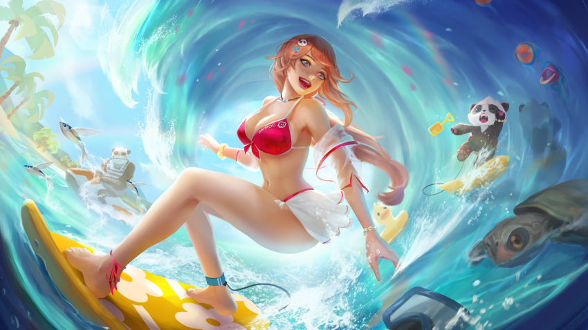 1girl absurdres ankle_ribbon ass bikini blue_eyes bracelet breasts cglas diving_mask fish flying_fish freckles goggles hair_ornament highres jet_ski jewelry long_hair midriff necklace ocean open_mouth original palm_tree panda panda_hair_ornament red_bikini redhead ribbon samantha_(admiral_bahroo) sarong smile surfboard surfing swimsuit thighs tree turtle umeru_(admiral_bahroo) waves