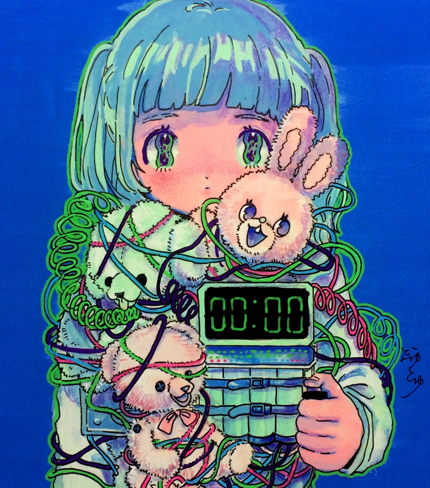 1girl bangs blue_background blue_hair blunt_bangs blush green_eyes green_outline hand_up highres long_hair looking_at_viewer original outline simple_background solo stuffed_animal stuffed_bunny stuffed_dog stuffed_toy teddy_bear toyux2 wire