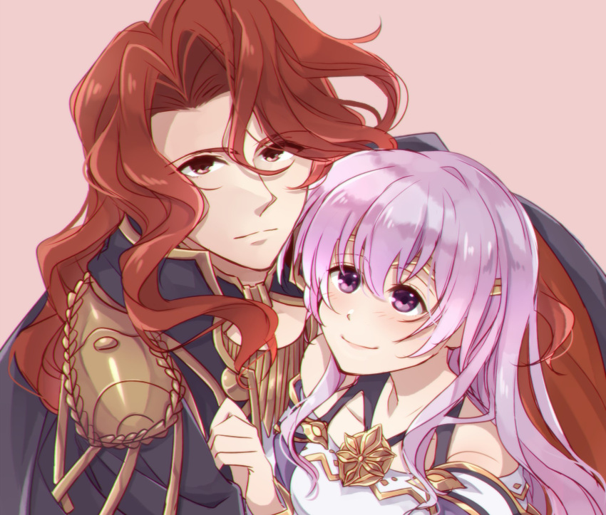 1boy 1girl alvis_(fire_emblem) armor bangs blush cape closed_mouth clothing_cutout father_and_daughter fire_emblem fire_emblem:_genealogy_of_the_holy_war highres ikuradon_tabeti julia_(fire_emblem) long_hair looking_at_another purple_hair red_eyes redhead shoulder_armor shoulder_cutout simple_background
