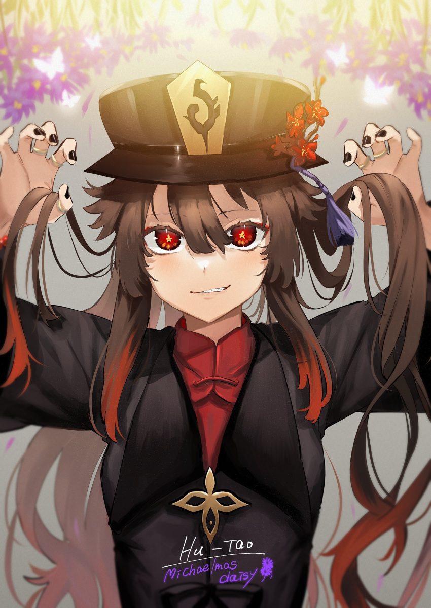 1girl absurdres bangs black_headwear black_nails blurry blurry_background blush breasts brown_hair character_name claw_pose coat collared_coat collared_shirt colored_tips commentary_request english_text flower flower-shaped_pupils genshin_impact grin hat hat_flower hat_ornament highres holding holding_hair hu_tao_(genshin_impact) iramiikaiiri jewelry long_hair long_sleeves looking_at_viewer nail_polish open_mouth plum_blossoms porkpie_hat purple_flower red_eyes red_shirt ring sharp_teeth shirt sidelocks smile solo symbol-shaped_pupils symbol_commentary talisman tassel teeth