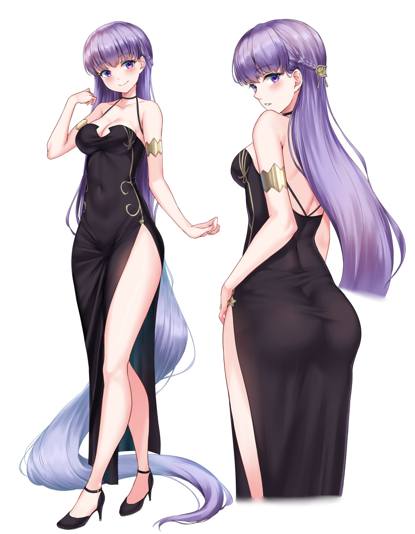 1girl absurdly_long_hair absurdres ass black_dress black_footwear braid breasts commission commissioner_upload dress fire_emblem fire_emblem:_the_binding_blade french_braid hair_ornament hairclip high_heels highres long_hair medium_breasts multiple_views purple_hair rama_(yu-light8) smile solo sophia_(fire_emblem) tight tight_dress transparent_background very_long_hair