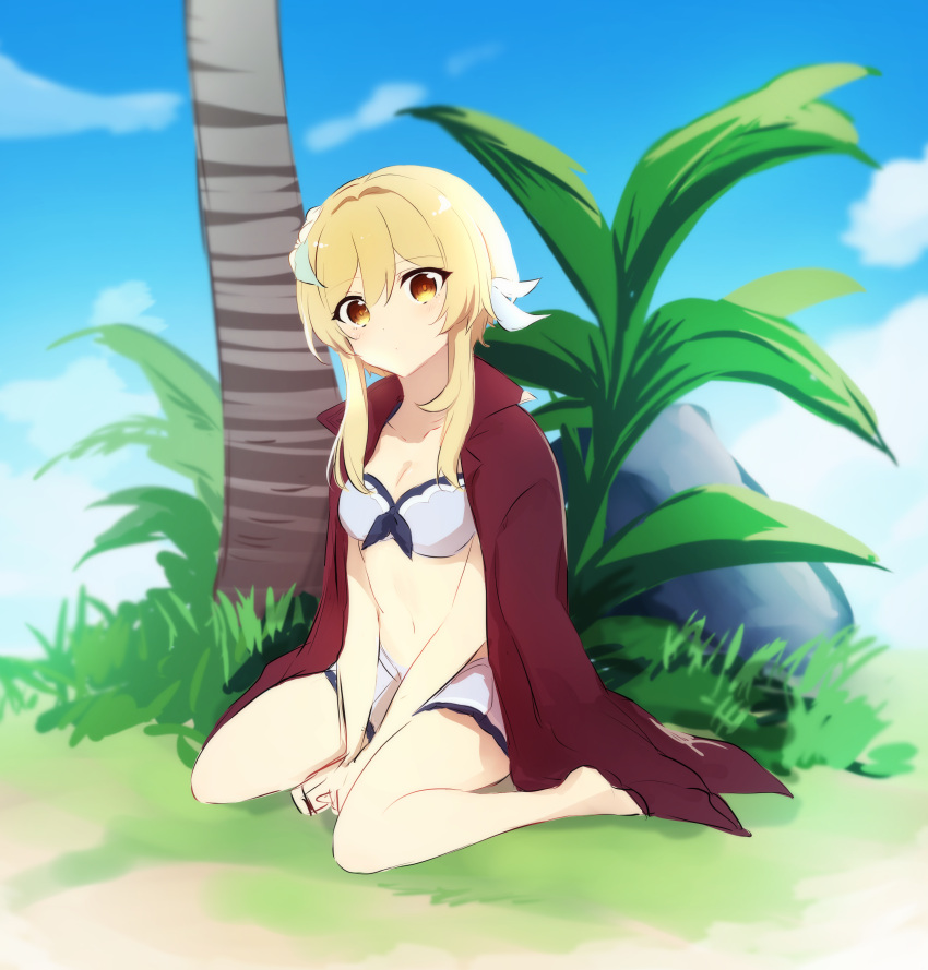 1girl absurdres bangs blonde_hair blue_sky clouds cloudy_sky day feather_hair_ornament feathers flower genshin_impact grass hair_between_eyes hair_flower hair_ornament highres jacket jacket_over_swimsuit kuroha1873 looking_at_viewer lumine_(genshin_impact) outdoors plant seiza short_hair sitting sketch sky solo swimsuit tree yellow_eyes