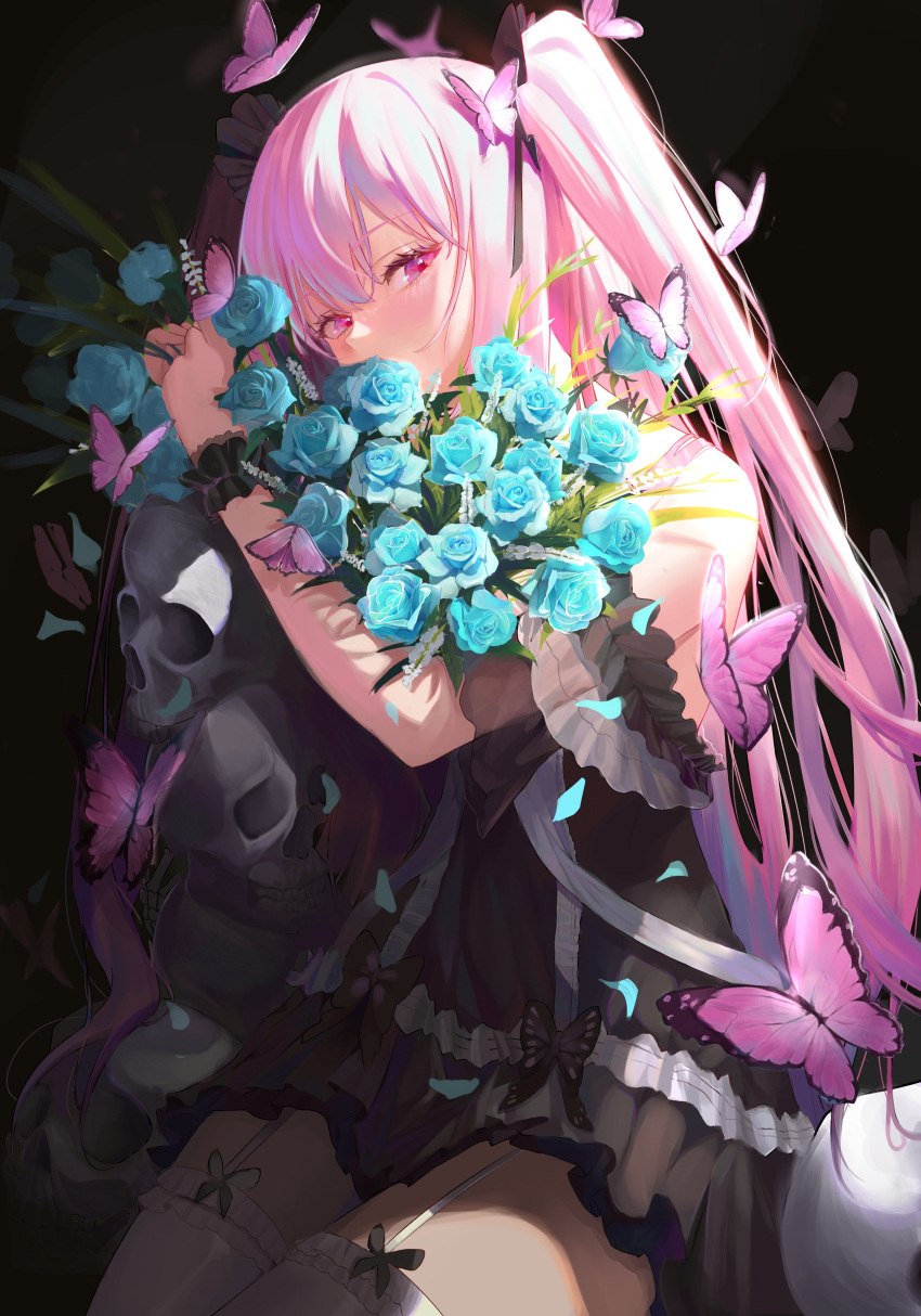 1girl absurdres bangs black_dress blue_flower blue_rose bouquet bug butterfly cherrymaru covered_mouth dress eyebrows flower half-closed_eyes highres holding holding_bouquet hololive insect long_hair off-shoulder_dress off_shoulder pink_butterfly pink_eyes pink_hair rose skull solo thigh-highs two_side_up uruha_rushia virtual_youtuber