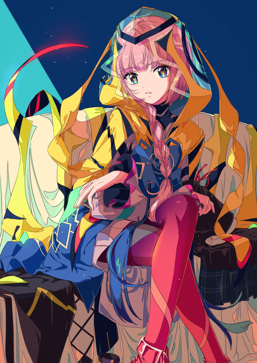 1girl absurdres blue_eyes braid capelet clothes crossed_arms crossed_legs dress eyebrows_visible_through_hair feet_out_of_frame gradient gradient_legwear highres hood hood_up hooded_capelet kaf kamitsubaki_studio kisumi_rei long_hair looking_at_viewer multicolored multicolored_eyes pantyhose parted_lips pink_hair see-through side_braid single_braid sitting solo virtual_youtuber yellow_pupils