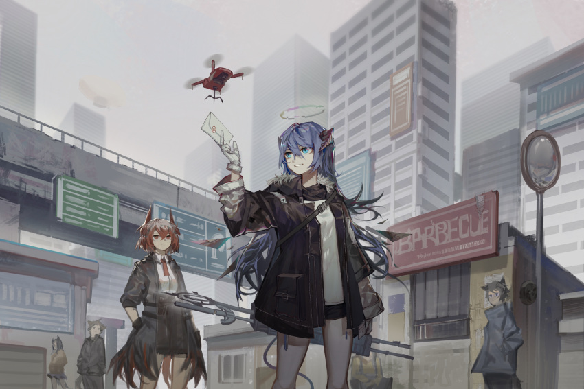 2boys 3girls absurdres arknights bare_legs billboard black_horns black_jacket black_scarf black_shorts black_skirt blue_eyes blue_hair bridge building cityscape clay_(clayjun) commentary_request drone energy_wings feet_out_of_frame fog fur-trimmed_jacket fur_trim gloves halo hand_up hands_in_pockets highres holding holding_letter hood hood_down hooded_jacket horns jacket letter long_hair long_sleeves looking_at_object mostima_(arknights) multiple_boys multiple_girls necktie open_clothes open_jacket outdoors parted_lips red_eyes red_horns red_neckwear redhead scarf shirt shorts skirt skyscraper smile staff suffering_(arknights) tail white_gloves white_shirt