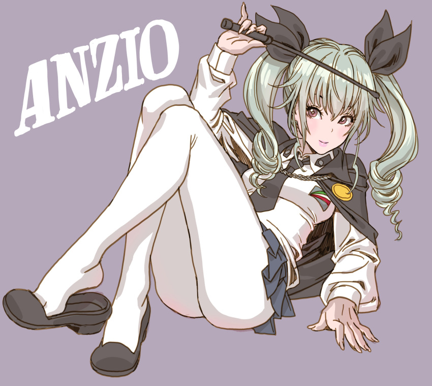 1girl absurdres anchovy_(girls_und_panzer) anzio_school_uniform ass bangs black_neckwear breasts cape capelet character_name drill_hair girls_und_panzer green_hair highres holding long_hair long_sleeves medium_breasts necktie pantyhose pleated_skirt pointer purple_background riding_crop school_uniform shirt shoe_dangle shoes simple_background skirt smile solo twintails white_legwear white_shirt yamashita_shun'ya