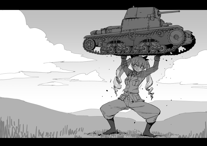 1girl anchovy_(girls_und_panzer) anzio_military_uniform arms_up bangs belt boots clouds cloudy_sky commentary day dress_shirt drill_hair frown girls_und_panzer greyscale grimace ground_vehicle hair_ribbon highres jacket knee_boots letterboxed lifting_cars long_hair long_sleeves looking_at_viewer military military_uniform military_vehicle monochrome motor_vehicle necktie pants ribbon sam_browne_belt shirt sky solo standing struggling sweatdrop tank twin_drills twintails ueno_petarou uniform vehicle_request wing_collar