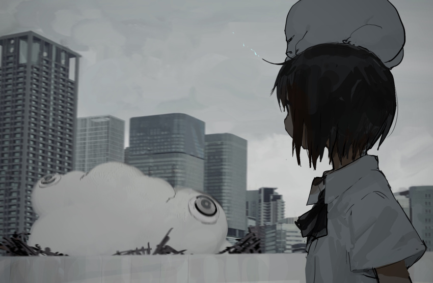 1girl black_eyes black_hair bow bowtie building cenco cencoroll city clouds cloudy_sky creature creature_on_head destruction from_side grey_sky highres monster outdoors rubble ruins scenery school_uniform shirt short_hair short_sleeves sketch sky solo suiso_(owp) white_shirt yuki_(cencoroll)