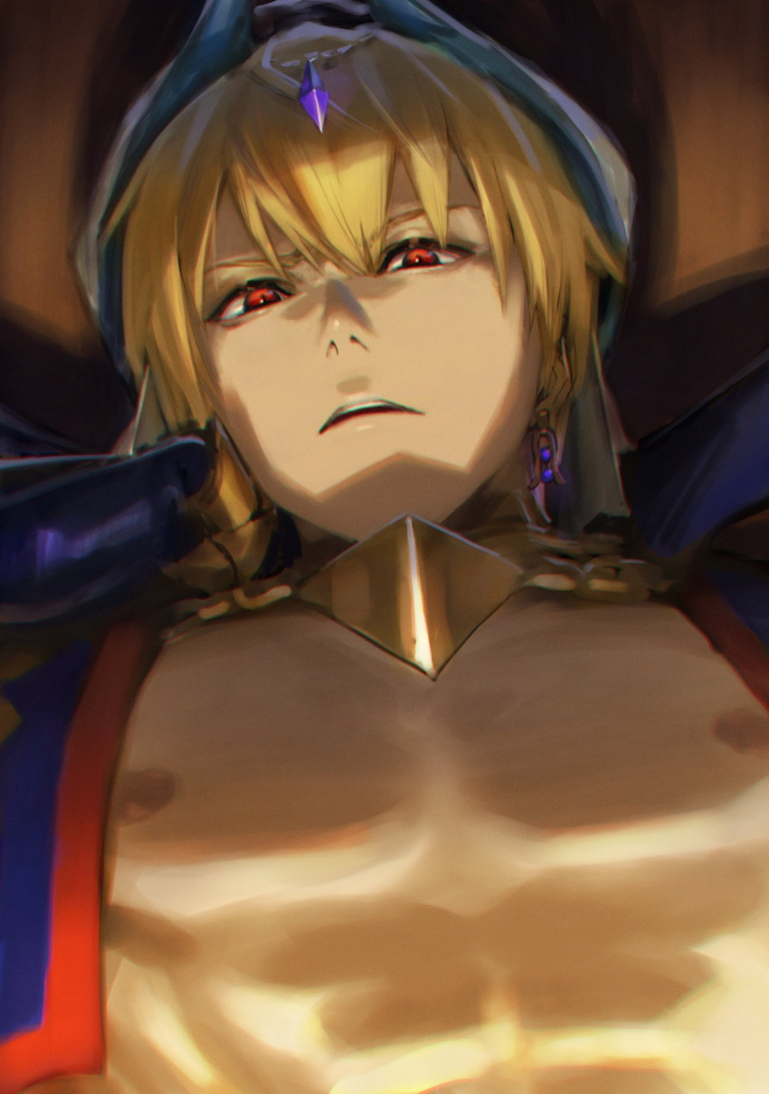 1boy arabian_clothes blonde_hair collar cropped_vest earrings fate/grand_order fate_(series) from_below gilgamesh_(caster)_(fate) gilgamesh_(fate) head_rest highres jewelry male_focus mosako nipples red_eyes smug solo turban vest