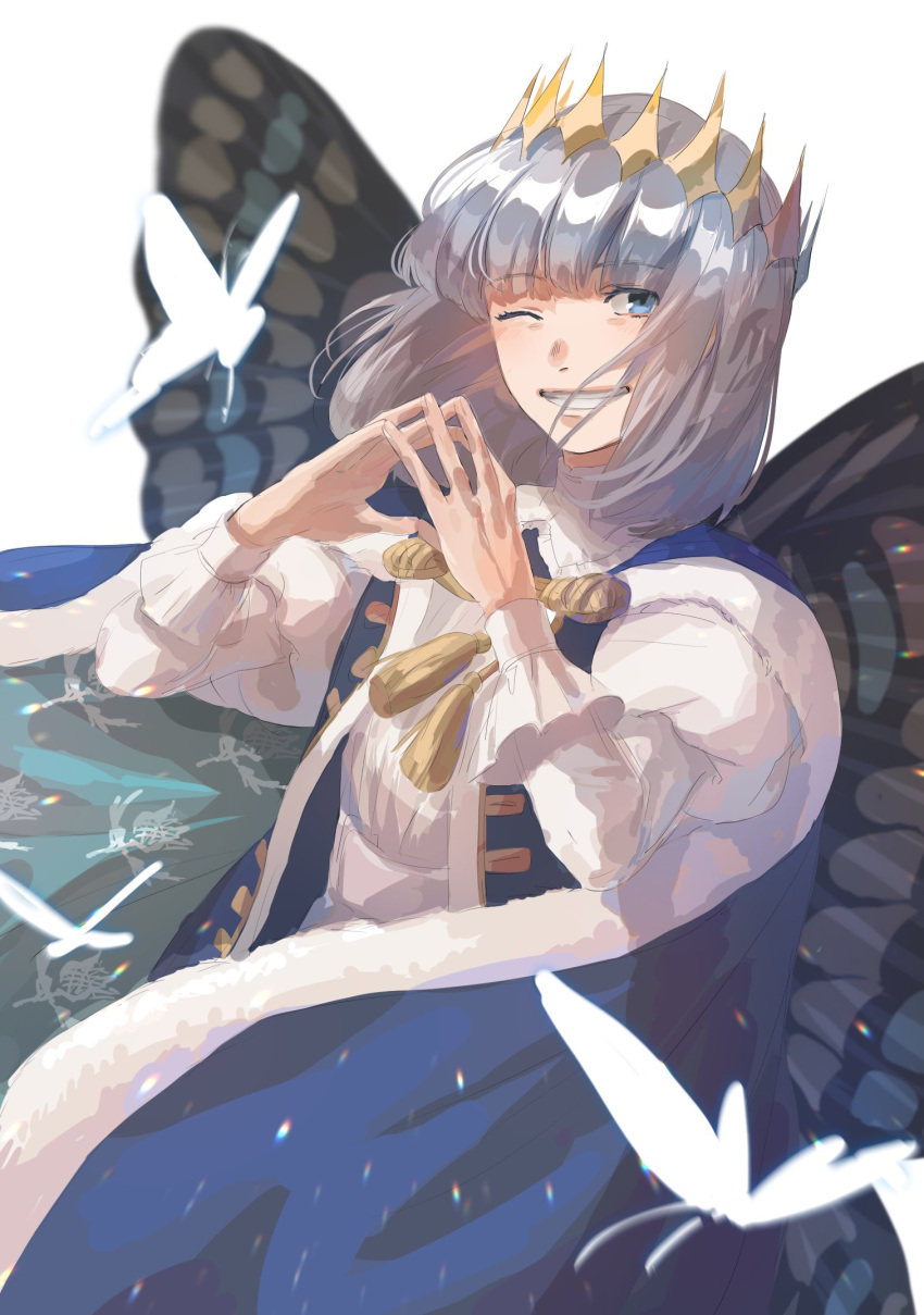 1boy blue_eyes bug butterfly butterfly_wings cape fate/grand_order fate_(series) fingers_together grin highres hyouki_(gamo835-zard) insect male_focus oberon_(fate) one_eye_closed silver_hair smile white_background wings