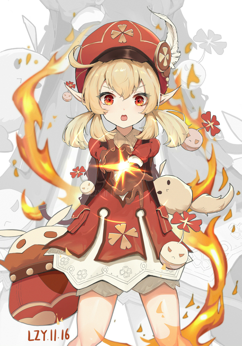 1girl absurdres ahoge aura backpack bag bangs blonde_hair dress genshin_impact gloves hair_between_eyes hat_feather highres jumpy_dumpty klee_(genshin_impact) lazy_dog_916513884 long_sleeves looking_at_viewer low_twintails open_mouth red_dress red_eyes red_headwear twintails