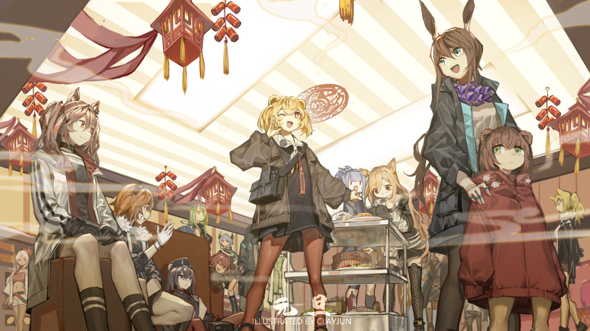 1other 6+girls absurdres amiya_(arknights) angelina_(arknights) animal_ears arknights artist_name ascot bag bare_legs bear_ears belt black_blouse black_choker black_gloves black_headwear black_jacket black_legwear black_shirt blonde_hair blouse blue_hair boots brown_hair brown_jacket cat_ears ceobe_(arknights) ch'en_(arknights) chinese_new_year choker clay_(clayjun) closed_mouth commentary_request croissant_(arknights) doctor_(arknights) dog_ears dragon_horns exusiai_(arknights) eyebrows_visible_through_hair fingerless_gloves food frilled_ascot frills fur-trimmed_jacket fur_trim gloves green_eyes green_hair gummy_(arknights) hairband halo hand_up hands_in_pockets hands_on_lap hat highres hood hood_up hooded_coat horns hoshiguma_(arknights) indoors infection_monitor_(arknights) jacket jessica_(arknights) kal'tsit_(arknights) lantern leaning_forward long_hair looking_at_another midriff misha_(arknights) mostima_(arknights) multiple_girls multiple_rings navel nian_(arknights) official_alternate_costume oni_horns open_clothes open_jacket open_mouth orange_eyes orange_hair pantyhose paper_lantern ponytail purple_neckwear red_eyes red_hairband red_jacket red_legwear red_tubetop redhead shirt short_hair shorts shoulder_bag shoulder_strap siege_(arknights) single_horn sitting sleeves_past_fingers sleeves_past_wrists sleeves_rolled_up smile smoke socks squatting standing swire_(arknights) texas_(arknights) thigh-highs thigh_boots twintails ursus_girl_(arknights) vending_cart waving white_gloves white_hair white_jacket white_shirt white_shorts zima_(arknights) zima_(ready_to_go)_(arknights)