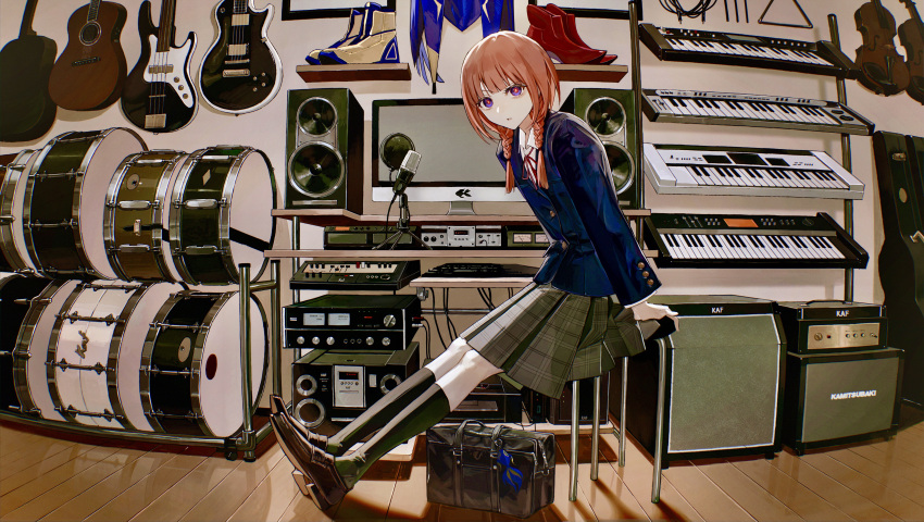 1girl absurdres acoustic_guitar amplifier_(instrument) bag bass_guitar blazer boots braid collared_shirt commentary_request computer drum electric_guitar guitar guitar_case highres instrument instrument_case jacket kaf kamitsubaki_studio keyboard_(computer) keyboard_(instrument) kneehighs loafers long_hair looking_at_viewer low_twin_braids microphone mixing_console monitor multicolored multicolored_eyes naluse_flow neck_ribbon parted_lips pink_hair plaid plaid_skirt red_ribbon ribbon school_bag school_uniform shirt shoes sitting skirt snare_drum solo speaker triangle_(instrument) twin_braids violin virtual_youtuber yellow_pupils