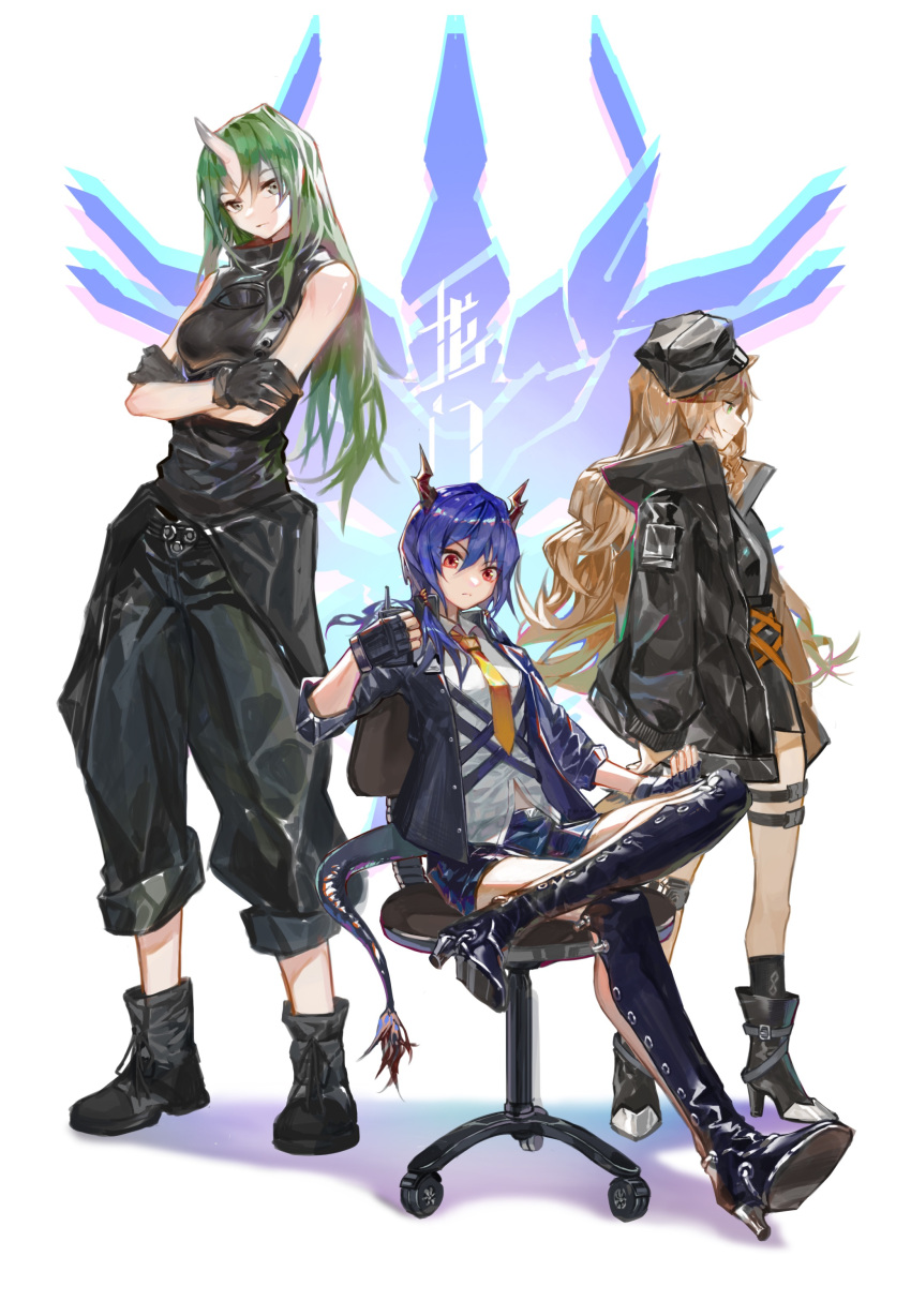 3girls absurdres arknights armor bare_arms black_footwear black_gloves black_headwear black_jacket black_pants blue_hair blue_jacket blue_shorts boots breastplate ch'en_(arknights) chair clay_(clayjun) closed_mouth clothes_around_waist collared_shirt commentary_request crossed_arms dragon_horns fingerless_gloves full_body gloves green_eyes green_hair hat high_heel_boots high_heels highres holding_walkie-talkie horns hoshiguma_(arknights) jacket jacket_around_waist long_hair looking_at_viewer multiple_girls necktie office_chair oni_horns open_clothes open_jacket orange_hair pants red_eyes shirt shorts single_horn sitting swire_(arknights) tail thigh-highs thigh_boots thigh_strap twintails v-shaped_eyebrows walkie-talkie white_background white_shirt yellow_neckwear