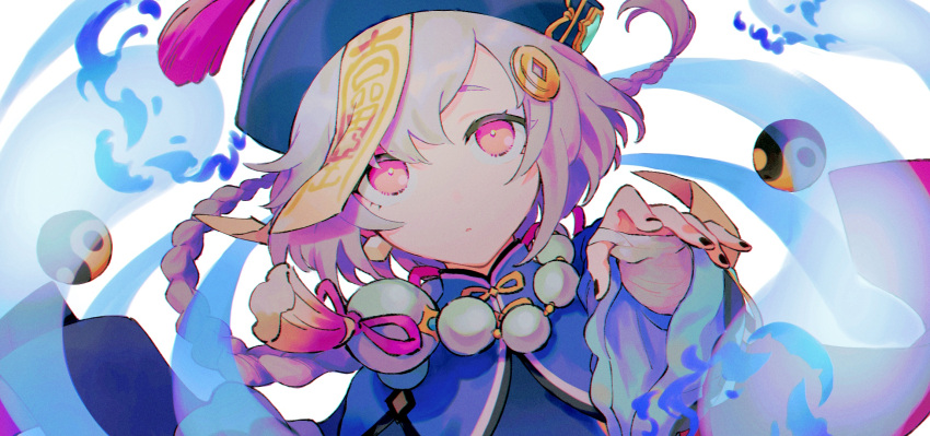 1girl aura bead_necklace beads closed_mouth coin_hair_ornament dress genshin_impact ghost hair_between_eyes hat highres jewelry jiangshi long_hair long_sleeves necklace piyori_(kidz94) purple_dress purple_hair qing_guanmao qiqi_(genshin_impact) upper_body violet_eyes white_background wide_sleeves yin_yang