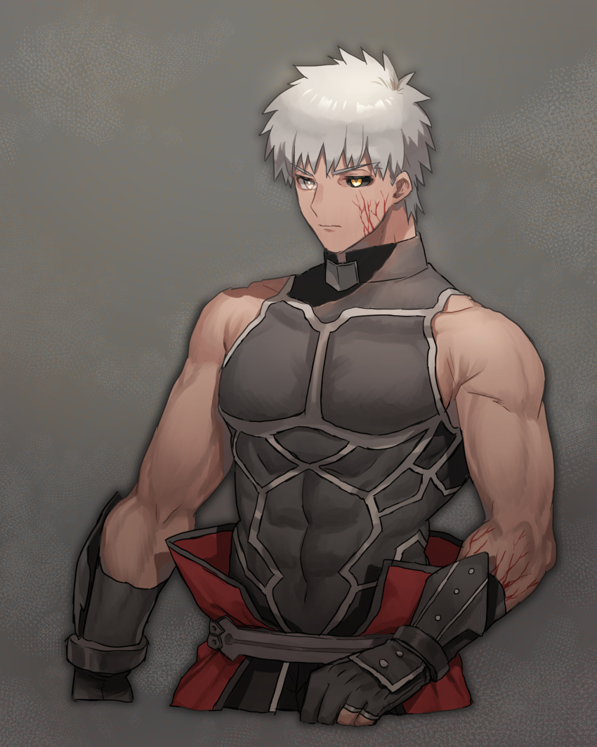 1boy archer_(fate) archer_alter bare_shoulders black_sclera colored_sclera corruption dark-skinned_male dark_skin fate/grand_order fate_(series) fingerless_gloves gloves heterochromia highres male_focus muscular muscular_male none_(kameko227) upper_body white_hair yellow_eyes