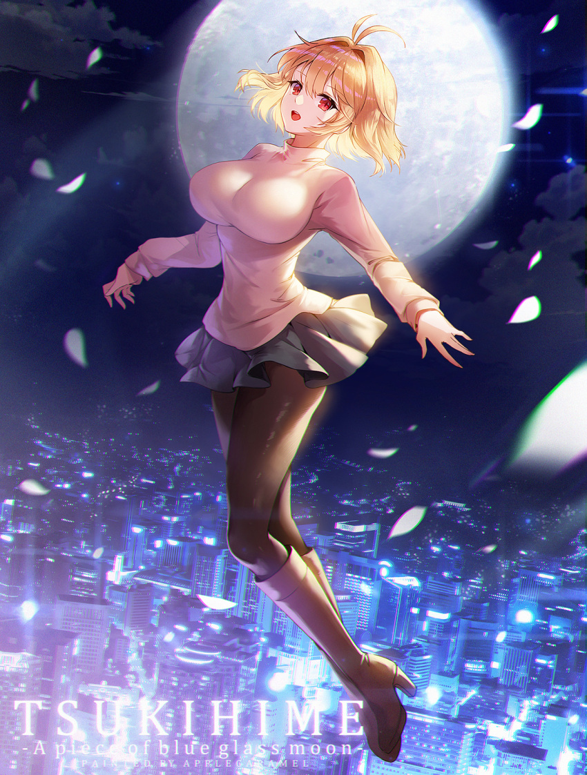 1girl antenna_hair apple_caramel arcueid_brunestud black_legwear blonde_hair boots breasts brown_footwear city_lights cityscape copyright_name english_text eyebrows_visible_through_hair flying full_body hair_intakes high_heel_boots high_heels highres impossible_clothes impossible_sweater knee_boots large_breasts long_sleeves looking_at_viewer medium_hair moon night night_sky open_mouth pantyhose petals pleated_skirt red_eyes skirt sky smile sweater tsukihime turtleneck turtleneck_sweater white_sweater