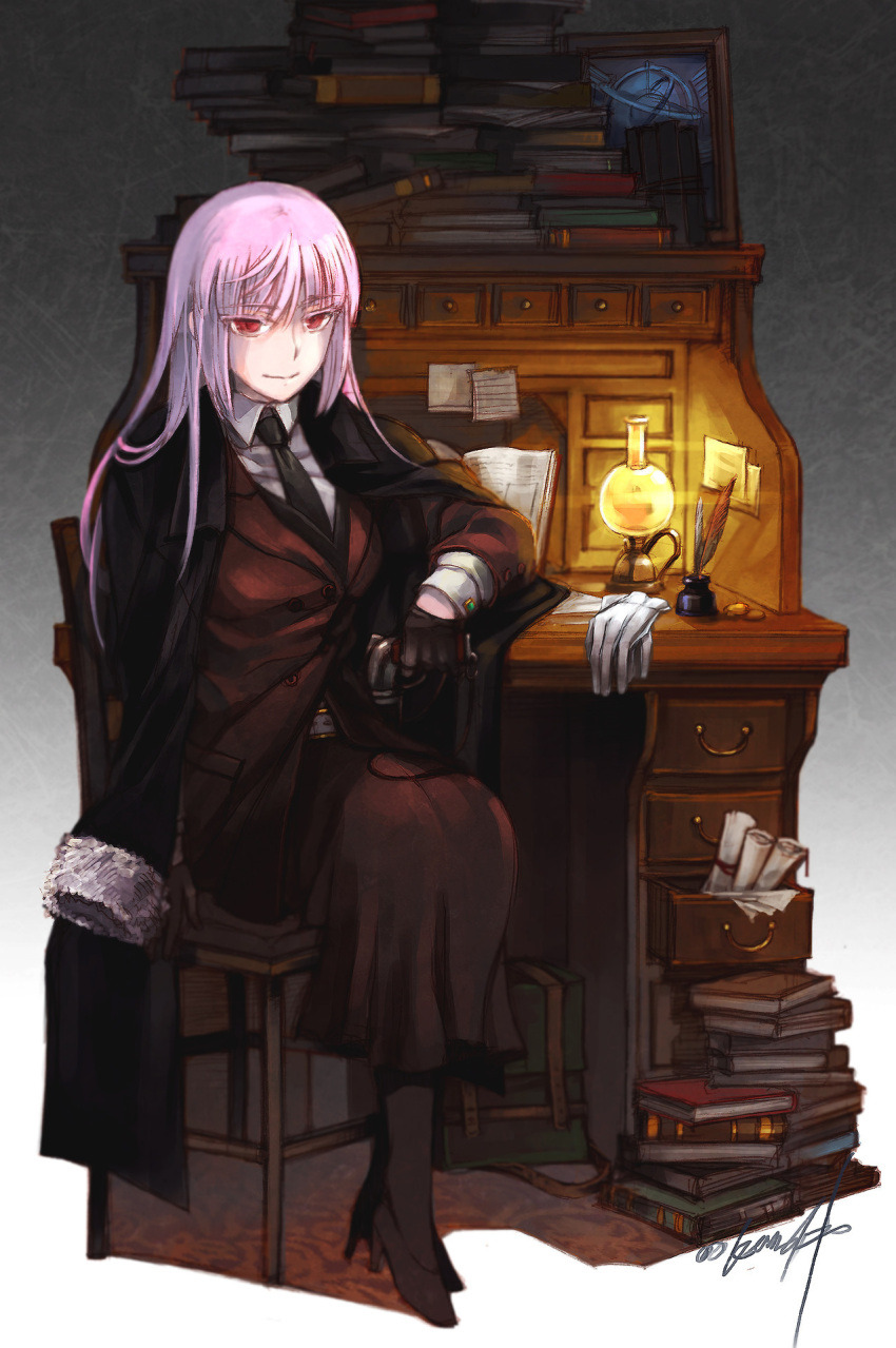 1girl bangs book cape closed_mouth drawer fate/grand_order fate_(series) florence_nightingale_(fate) formal full_body furniture gloves gloves_removed highres jacket long_hair looking_at_viewer necktie ookaminoki pink_hair red_eyes sitting smile solo