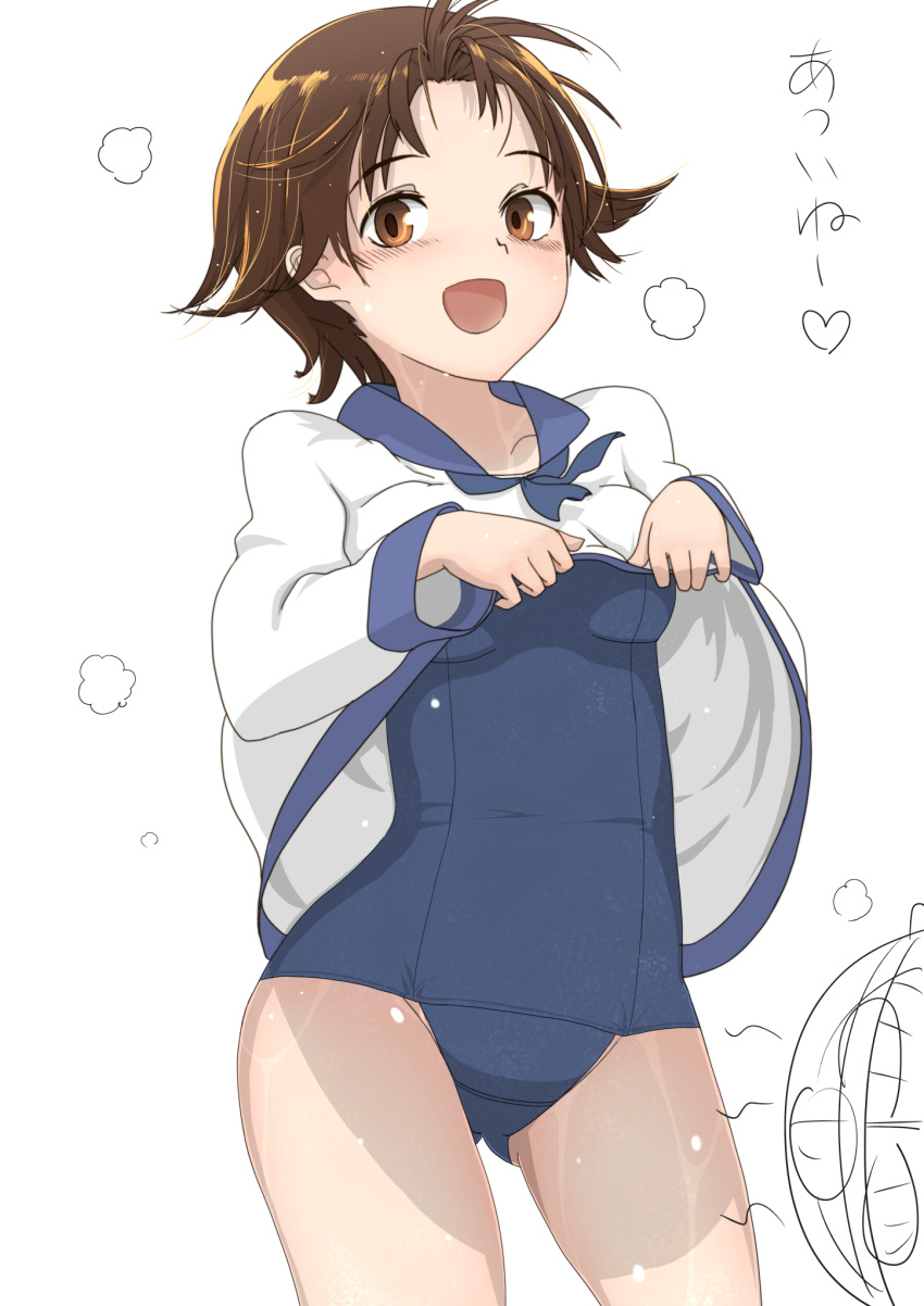 1girl blue_swimsuit brown_eyes brown_hair commentary_request electric_fan highres looking_at_viewer miyafuji_yoshika open_mouth pen_tsutsuki sailor_collar sailor_shirt school_swimsuit shirt simple_background solo strike_witches sweat swimsuit swimsuit_under_clothes translation_request white_background world_witches_series