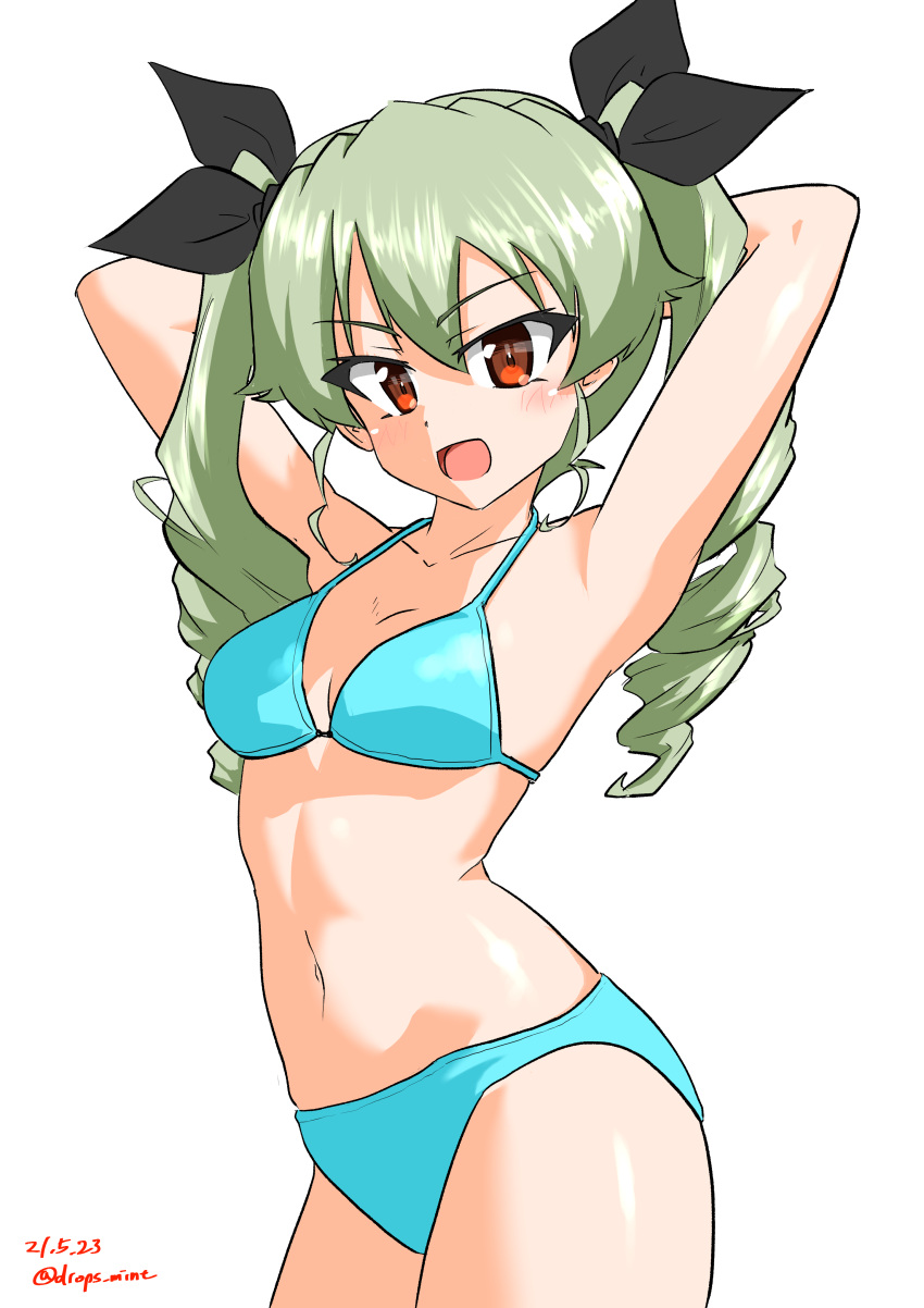 1girl :d absurdres anchovy_(girls_und_panzer) aqua_bikini armpits arms_behind_head arms_up bangs bikini black_ribbon breasts commentary cowboy_shot dated drill_hair drops_mint eyebrows_visible_through_hair girls_und_panzer green_hair hair_ribbon highres long_hair looking_at_viewer medium_breasts navel open_mouth red_eyes ribbon simple_background smile solo standing swimsuit twin_drills twintails twitter_username white_background