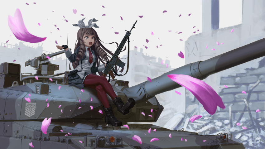 battle_rifle breasts brown_eyes brown_hair commentary_request day drill_hair flower girls_frontline ground_vehicle gun hair_ribbon highres hironii_(hirofactory) howa_type_64 howa_type_64_(girls_frontline) machine_gun military military_vehicle motor_vehicle necktie open_mouth ribbon rifle ruins shirt skirt sky smile solo tank twin_drills type_10_(tank) weapon