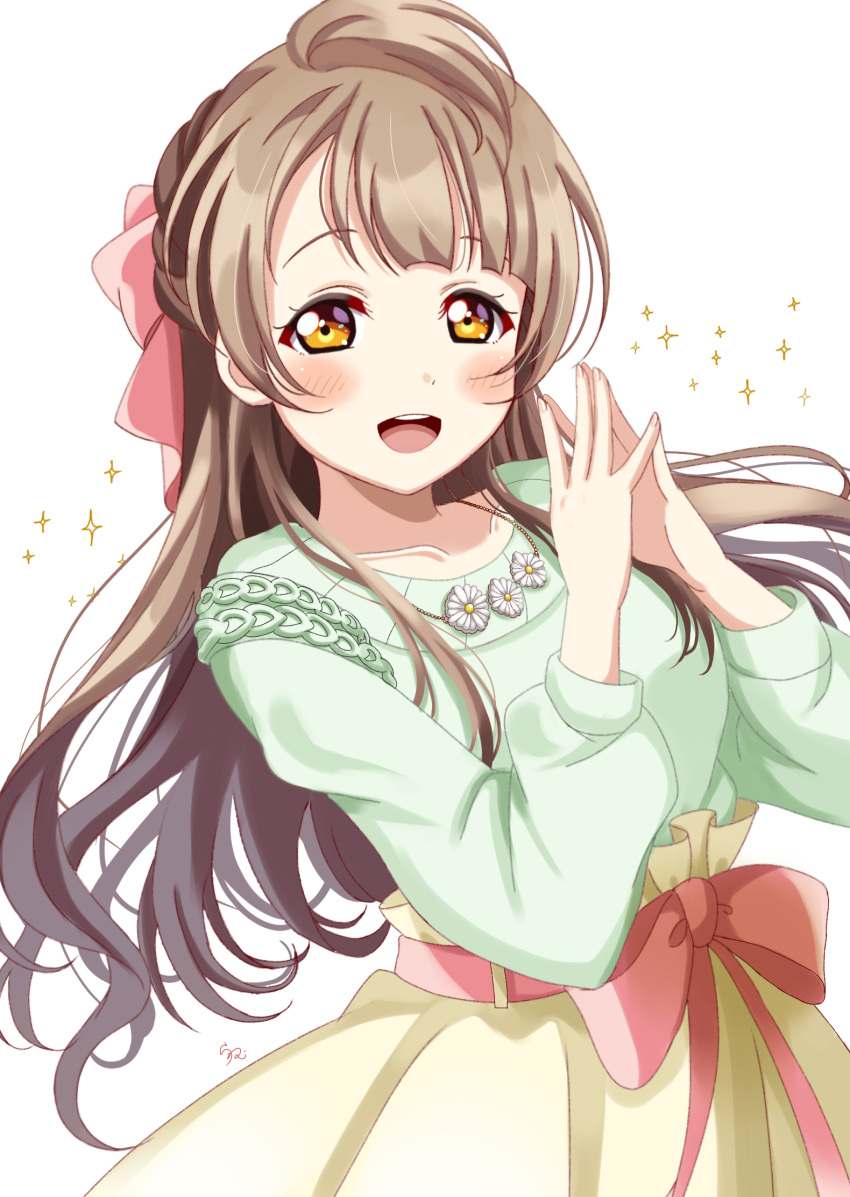 1girl :d arms_up bangs bow breasts brown_eyes brown_hair collarbone fingers_together green_sweater hair_bow highres jewelry long_hair looking_at_viewer love_live! minami_kotori necklace one_side_up open_mouth ranemu simple_background skirt smile solo sparkle sweater tongue upper_teeth white_background yellow_eyes yellow_skirt