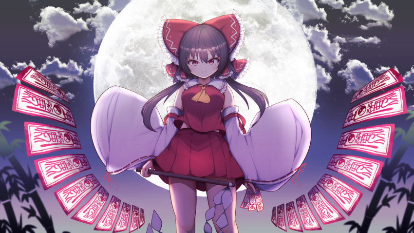 1girl bamboo bangs bare_shoulders bow breasts brown_hair closed_mouth clouds darumoon eyebrows_visible_through_hair full_moon gohei hair_between_eyes hakurei_reimu highres long_sleeves looking_at_viewer medium_breasts moon night night_sky red_bow red_eyes red_skirt red_vest short_hair skirt sky smile solo touhou vest white_sleeves yellow_neckwear