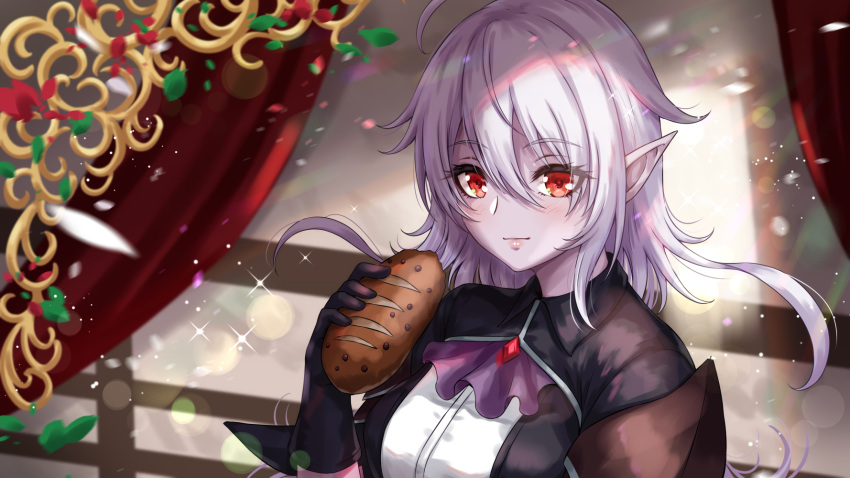 1girl black_gloves bread character_request eyebrows_visible_through_hair food gloves grey_eyes hair_between_eyes hand_up highres holding holding_food king's_raid long_hair looking_at_viewer red_eyes sakiyamama solo sparkle upper_body white_hair