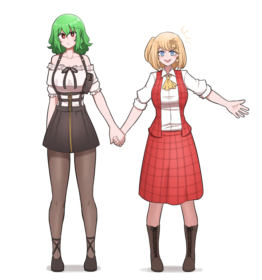 2girls ascot bare_shoulders black_ribbon black_skirt blonde_hair blue_eyes boots collarbone collared_shirt commission cosplay costume_switch english_commentary eyebrows_visible_through_hair frilled_shirt frills green_hair hair_ornament highres holding_hands hololive hololive_english holster kazami_yuuka kazami_yuuka_(cosplay) long_skirt mata_(matasoup) monocle_hair_ornament multiple_girls notice_lines off-shoulder_shirt off_shoulder open_clothes open_vest pantyhose plaid plaid_skirt plaid_vest red_eyes red_skirt red_vest ribbon shirt short_hair side_ponytail simple_background skirt skirt_set smile suspenders touhou vest watson_amelia watson_amelia_(cosplay) white_background white_shirt yellow_neckwear zipper zipper_pull_tab zipper_skirt