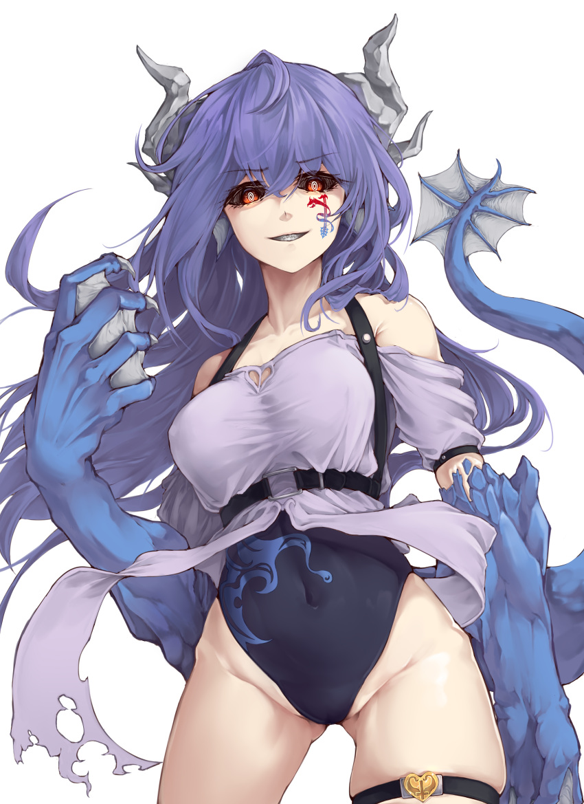 1girl absurdres ass_visible_through_thighs bangs bare_shoulders breasts claws collarbone covered_navel cowboy_shot demon_girl dragon_horns dragon_tail eyebrows_visible_through_hair facial_tattoo grey_shirt grin groin highres horns leotard long_hair looking_at_viewer nine7284 original purple_leotard red_eyes shirt simple_background skindentation smile solo tail tattoo teeth thigh_strap white_background
