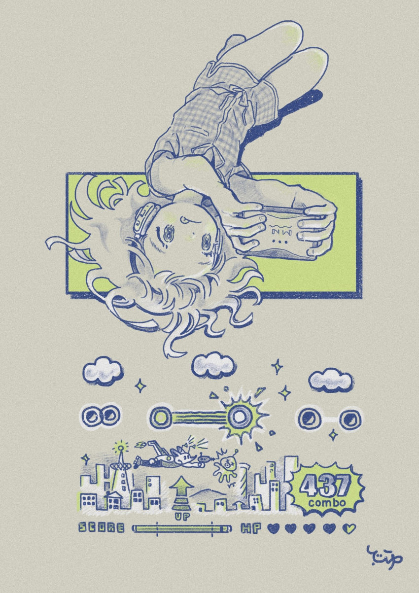 1girl building clouds handheld_game_console headphones highres holding long_hair number original playing_games short_sleeves solo tongue tongue_out toyux2 upside-down