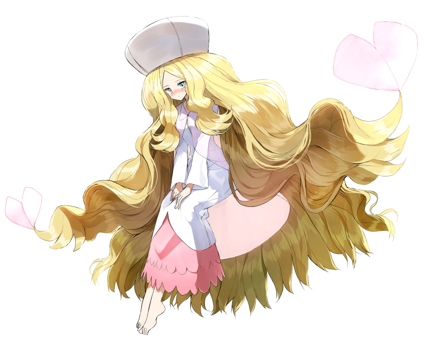 1girl absurdres bangs barefoot blonde_hair blue_eyes blush caitlin_(pokemon) closed_mouth collared_dress commentary_request dress forehead full_body hat highres long_hair long_sleeves looking_at_viewer nose_blush parted_bangs pentagon_(railgun_ky1206) pokemon pokemon_(game) pokemon_bw see-through simple_background solo very_long_hair white_background white_dress white_headwear wide_sleeves