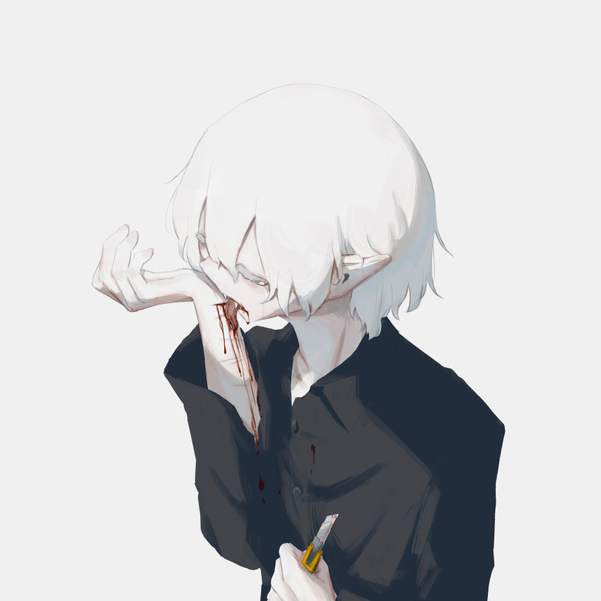 1boy absurdres avogado6 black_shirt blood boxcutter closed_eyes collared_shirt colored_skin drinking_blood hand_up highres holding male_focus original pale_skin pointy_ears self_harm shirt simple_background solo upper_body vampire white_background white_eyelashes white_skin wing_collar