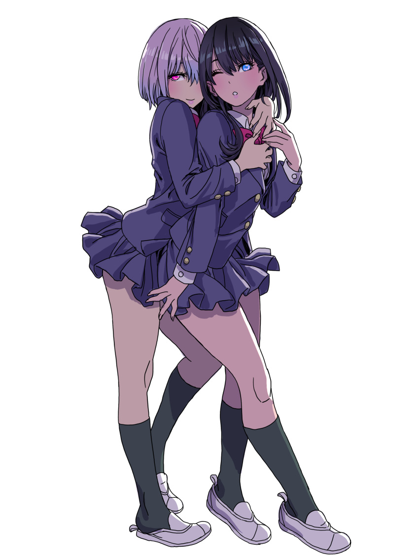 2girls absurdres bangs black_hair black_legwear blazer blue_eyes bow bowtie buttons closed_mouth fingernails full_body gridman_universe highres hug hug_from_behind jacket long_hair long_sleeves looking_at_viewer multiple_girls one_eye_closed parted_lips pleated_skirt purple_hair school_uniform shinjou_akane shiny shiny_hair shoes short_hair simple_background skirt smile socks ssss.gridman takarada_rikka uwabaki violet_eyes yamashita_shun'ya yuri