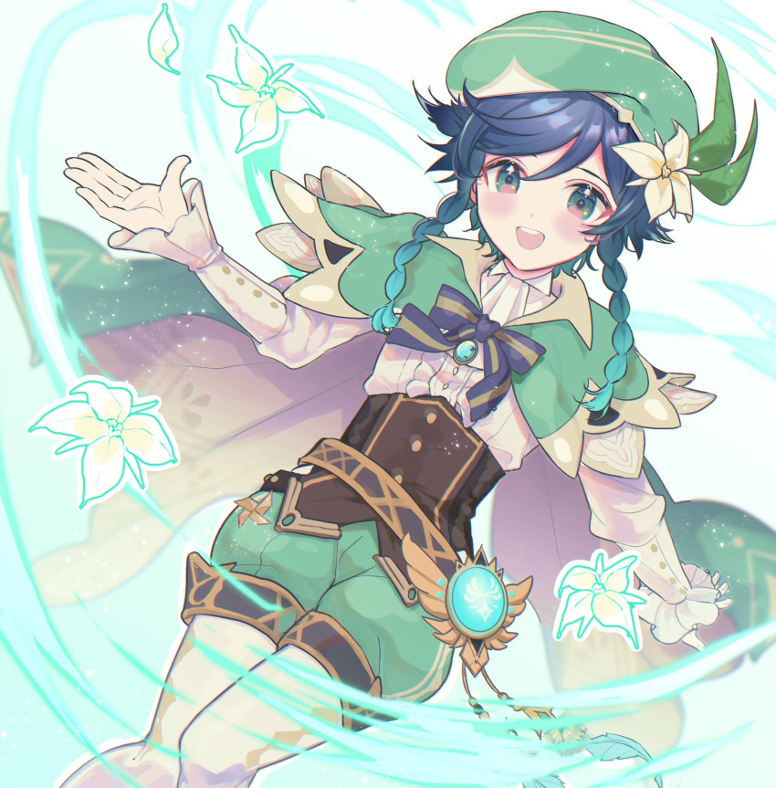 1boy androgynous argyle argyle_legwear bangs beret black_hair blue_hair bow braid brooch cape collared_cape collared_shirt commentary_request corset dutch_angle feathers flower frilled_sleeves frills gem genshin_impact gradient_hair green_eyes green_headwear green_shorts hat hat_flower highres ina_(t_play1125) jewelry leaf light_particles long_sleeves looking_at_viewer male_focus multicolored_hair open_mouth pantyhose petankoside pinwheel shirt short_hair_with_long_locks shorts simple_background smile solo twin_braids venti_(genshin_impact) vision_(genshin_impact) white_flower white_legwear white_shirt wind