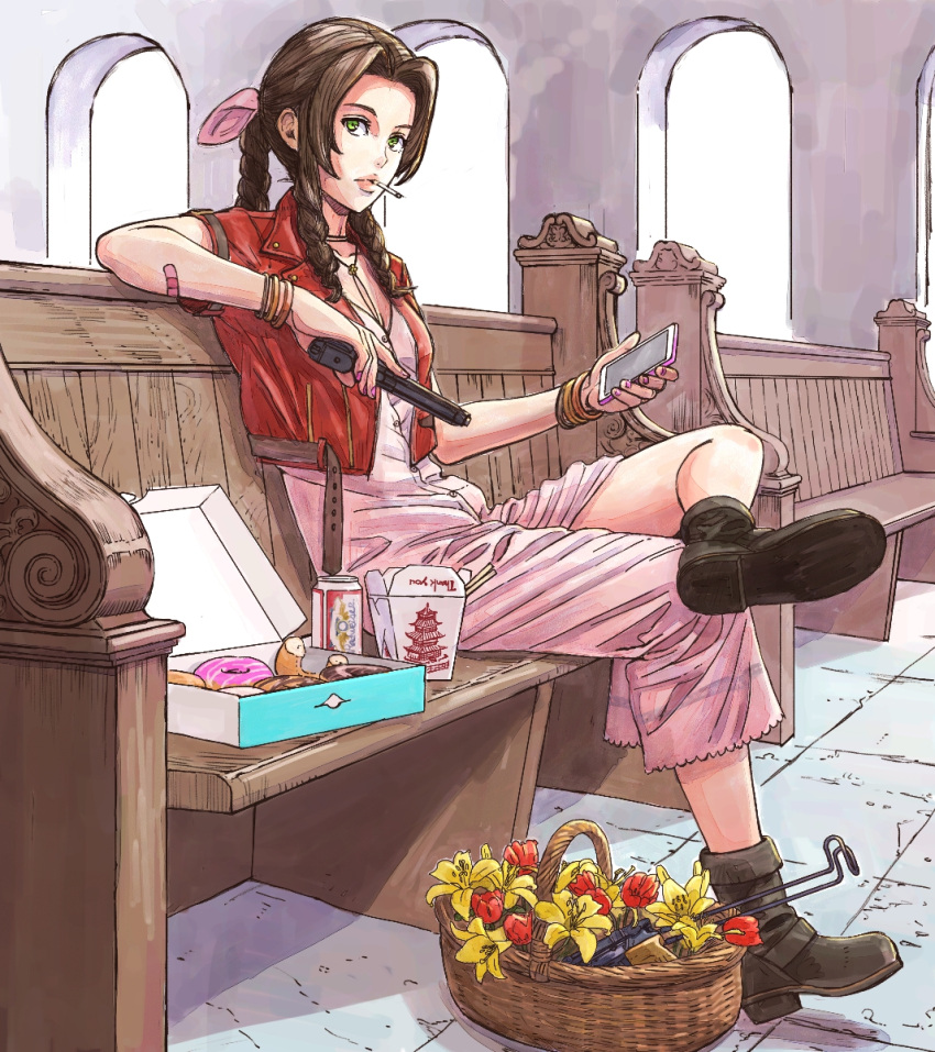 1girl aerith_gainsborough basket boots bow braid braided_ponytail brown_hair cellphone church cigarette doughnut dress drill_hair final_fantasy final_fantasy_vii food gun highres jacket long_dress pew phone pink_bow pink_dress raikou_(ff) red_jacket side_drill sitting smartphone solo submachine_gun takeout_container weapon