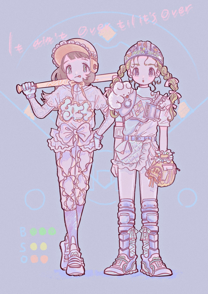 2girls baseball_bat baseball_mitt boots braid brown_hair gloves green_eyes hat helmet highres holding holding_baseball_bat long_hair looking_at_viewer multiple_girls original shoes short_sleeves toyux2 twin_braids twintails violet_eyes