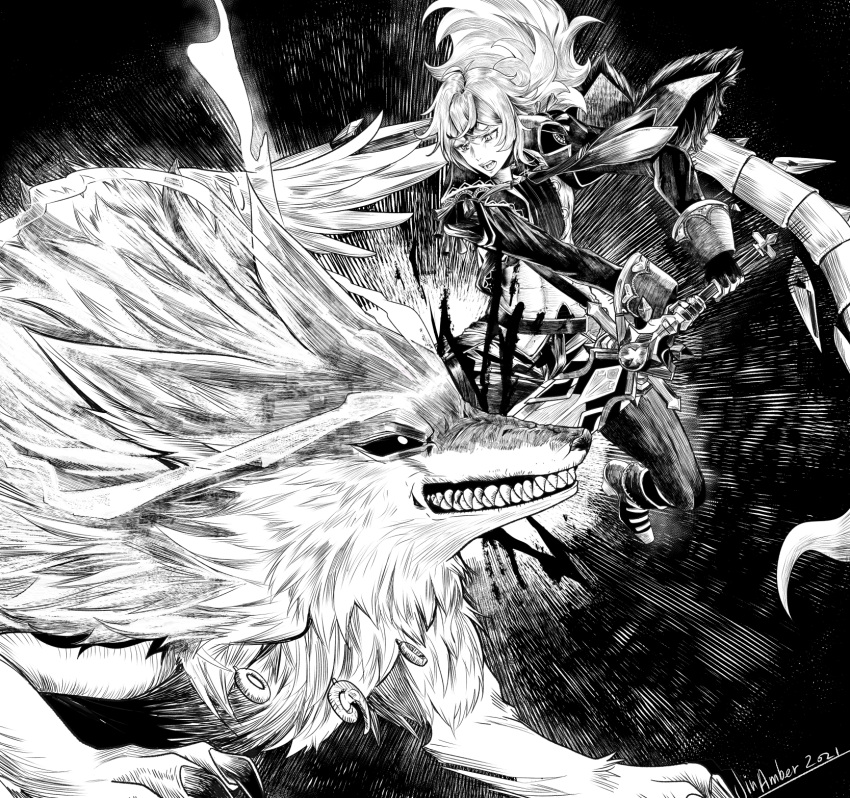 andrius_(genshin_impact) blood boots claws diluc_ragnvindr fangs fighting fighting_stance full_body genshin_impact gloves greyscale highres jacket jin_amber midair monochrome open_mouth sword weapon wolf