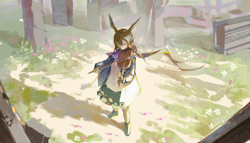 1girl absurdres amiya_(arknights) animal_ears aqua_eyes arknights ascot black_coat black_footwear black_skirt bow_(instrument) brown_hair clay_(clayjun) coat commentary_request fence flower full_body grass hands_up highres instrument long_hair looking_away multiple_rings music open_clothes open_coat outdoors pink_flower playing_instrument purple_neckwear rabbit_ears shadow shirt skirt solo standing tree violin white_shirt