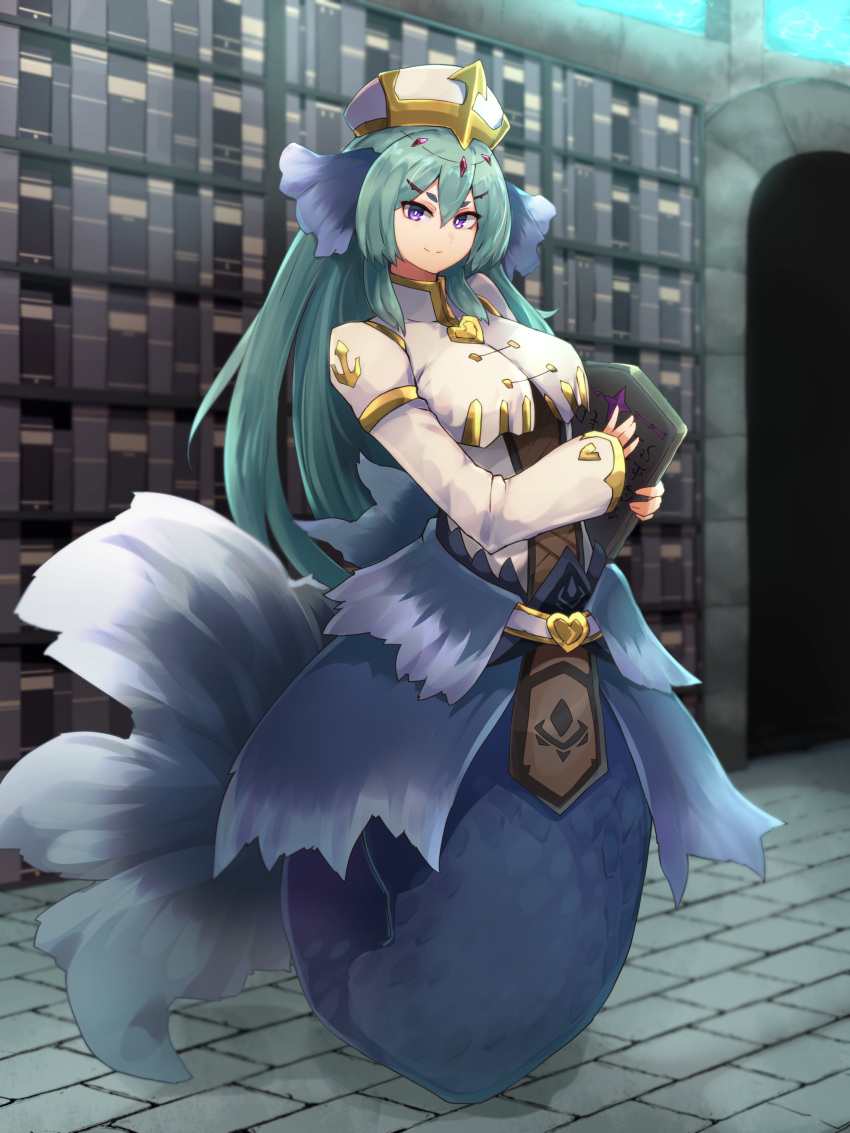 1girl absurdres bangs commentary full_body green_hair hair_between_eyes hat head_fins highres kneeless_mermaid library long_hair long_sleeves looking_at_viewer mermaid monster_girl monster_girl_encyclopedia sea_bishop smile solo stone_tablet very_long_hair violet_eyes yonaga